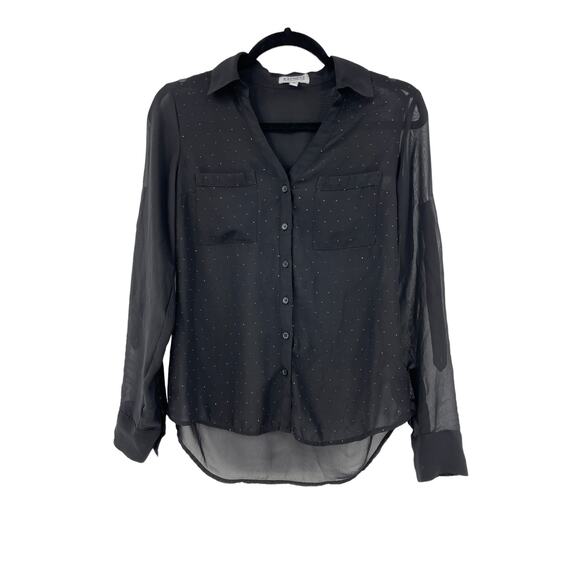 Express Shirt Womens XS The Portofino Long Sleeve Black Dotted Sheer High Low - Picture 1 of 4